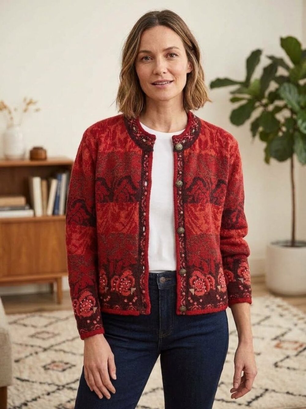 Petite Vintage Icelandic Design Floral Pattern Cardigan